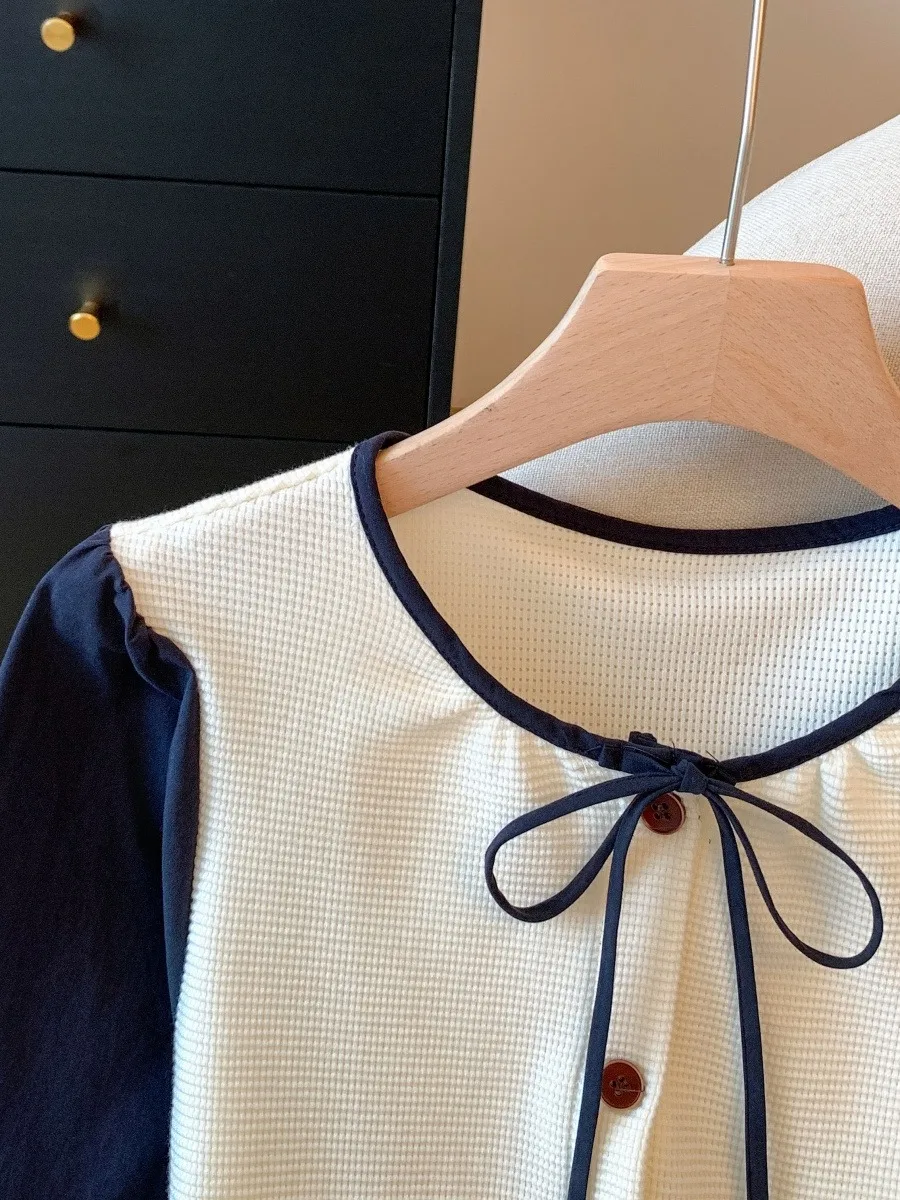 Damen ort Svel Collared Irt Cotton Blend Elastic Fabric Long Sve Tie Waist Color Blo Design Early Autumn Top