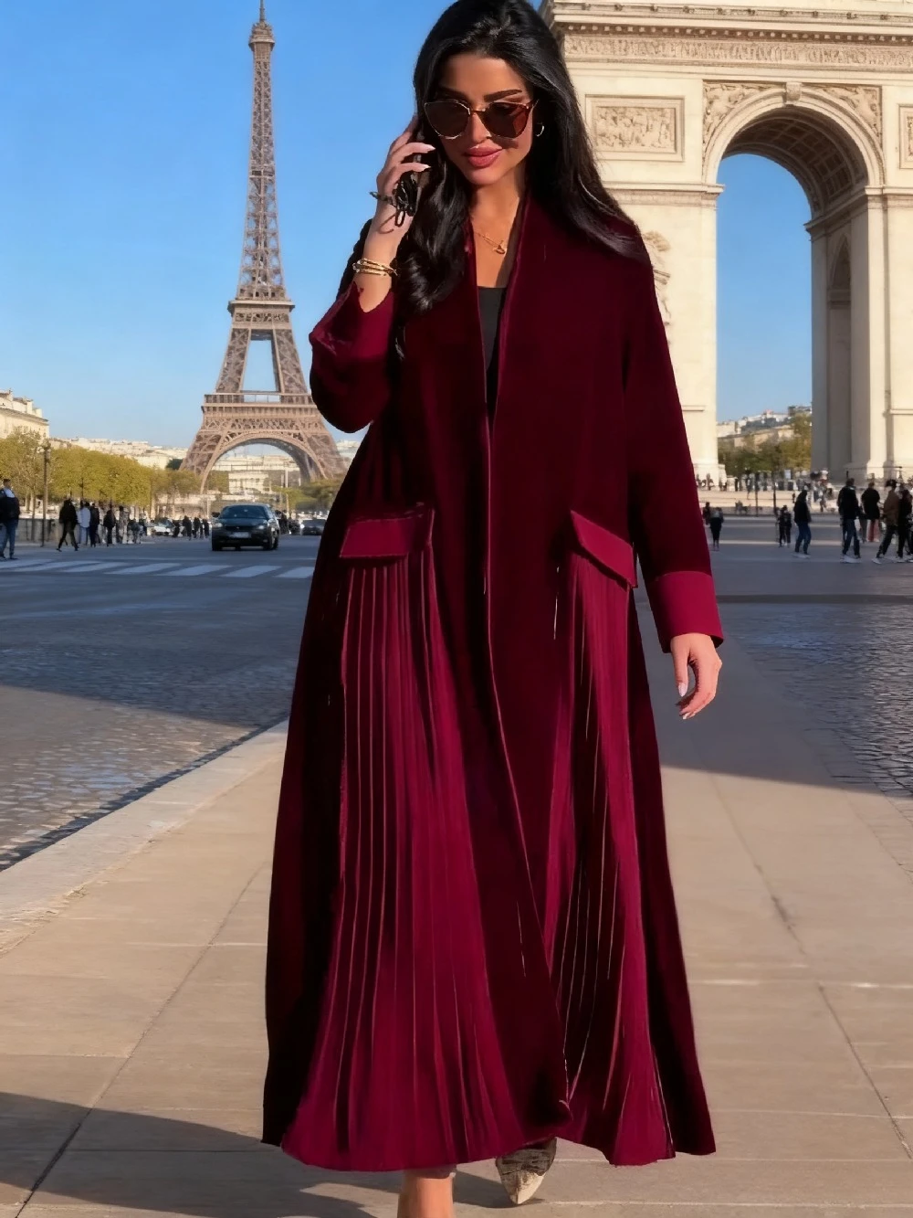Muslim Women Abaya Velvet Pleated Ramadan Eid Morocco Cardigan Overcoat Folds Long Outerwear Saudi Arab Windbreaker Trench Coat