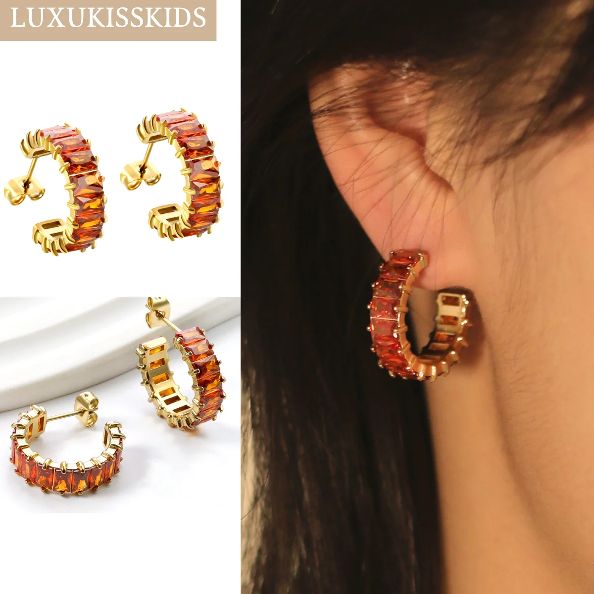 LUXUKISSKIDS Trendy C Tennis Hoop Earrings Shiny Colourful Zirconia Luxury Stainless aretes Women Summer Clips French Jewelry image 3