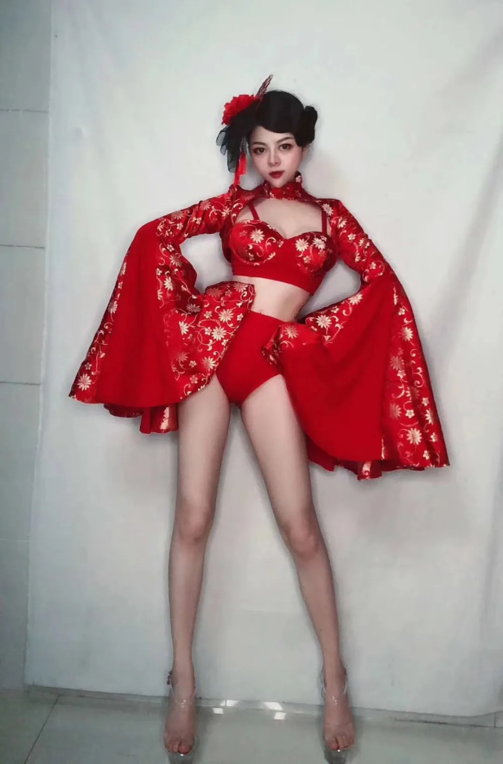 

Sexy Women Stage Wear Performance Clothes Chinese Style Red Big Sleeves Bikini Costume Nightclub Bar DJ Singer Leading Dancer