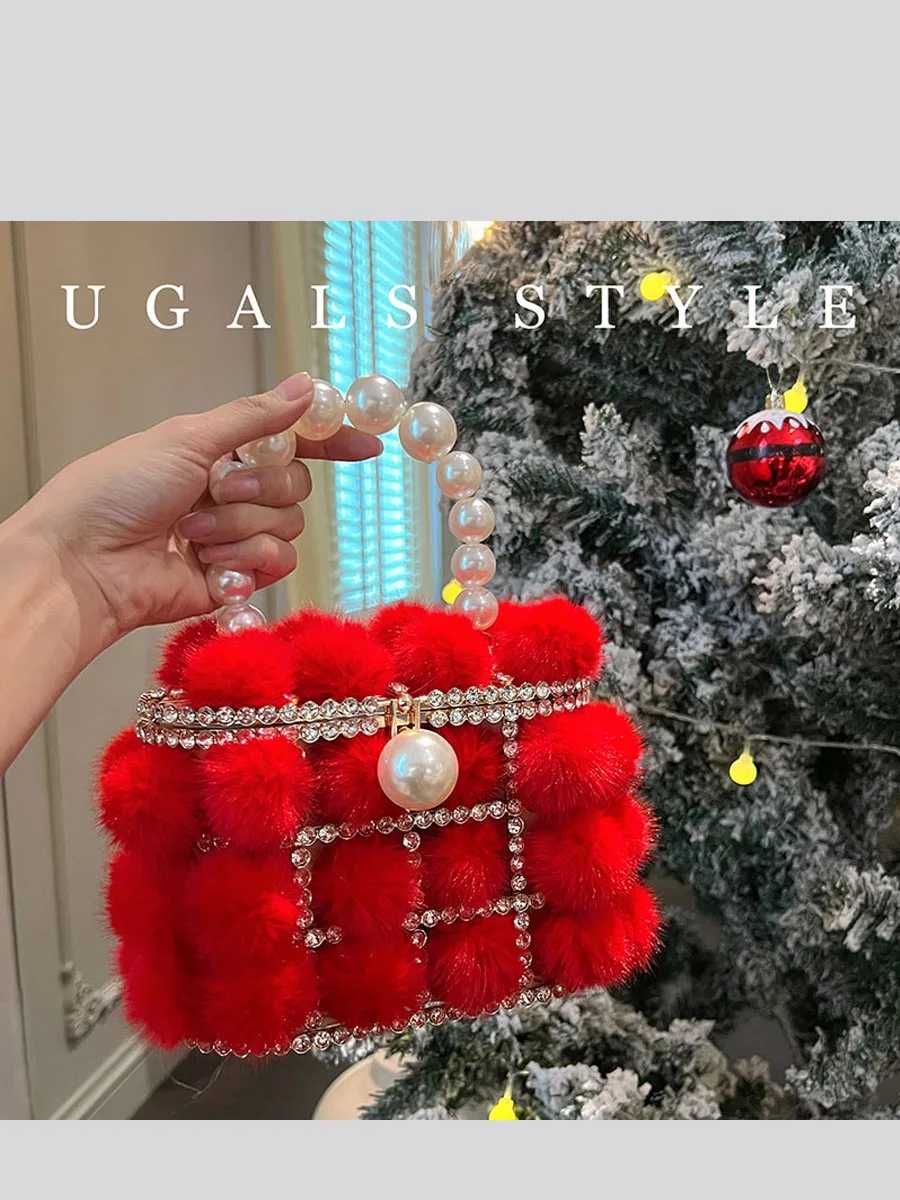 UGALS Furry Metal Bucket Handbag Sparkling Water Diamond Party Clutch Shoulder Crossbody Bag for Young Women Geometric Pattern