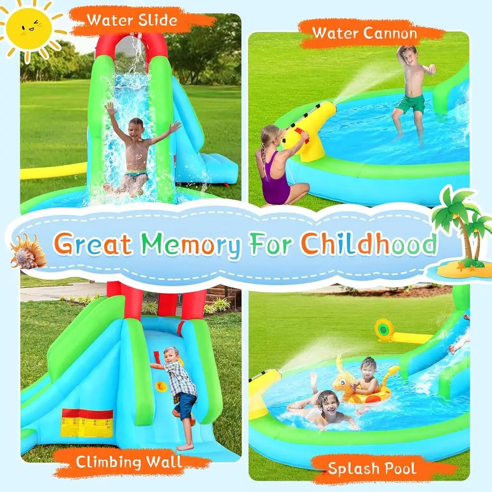 สวนน้ำเป่าลมรูปเพนกวินพร้อมที่ปีนป่าย สไลเดอร์ สระน้ำ และเครื่องพ่นน้ำสำหรับความสนุกสนานในสวนหลังบ้าน