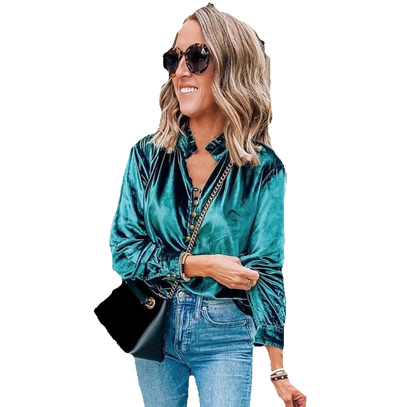 

Autumn Thin Loose Solid Chiffon Shirt Women's Commuter Versatile Velvet Long Sleeve Top Women