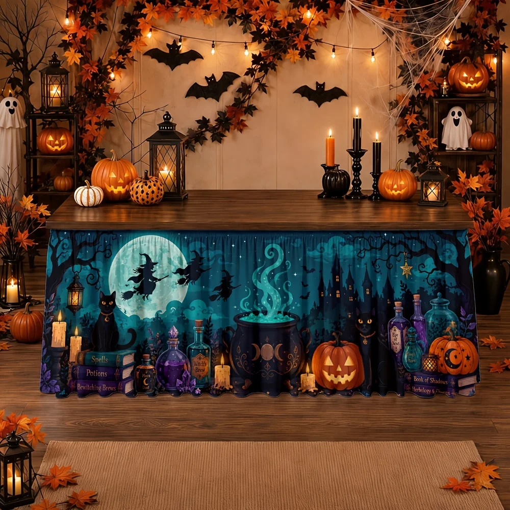 One tablecloth or table skirt. Halloween-themed decorative table skirt, suitable for party, restaurant and bar events.