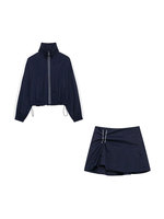 TRZA Women Fashion With Side Stripes Cropped Jacket Coat And High Waist With Elastic Drawstring Skort Female Two Piece Sets