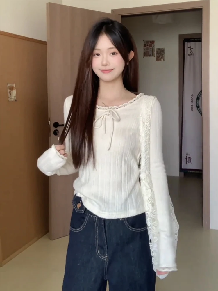 Pure Desire Lace Splice Long Sve T-irt Women's Base irt Slim Fit Sexy Girl High Sense Inner Wear Top  Knot