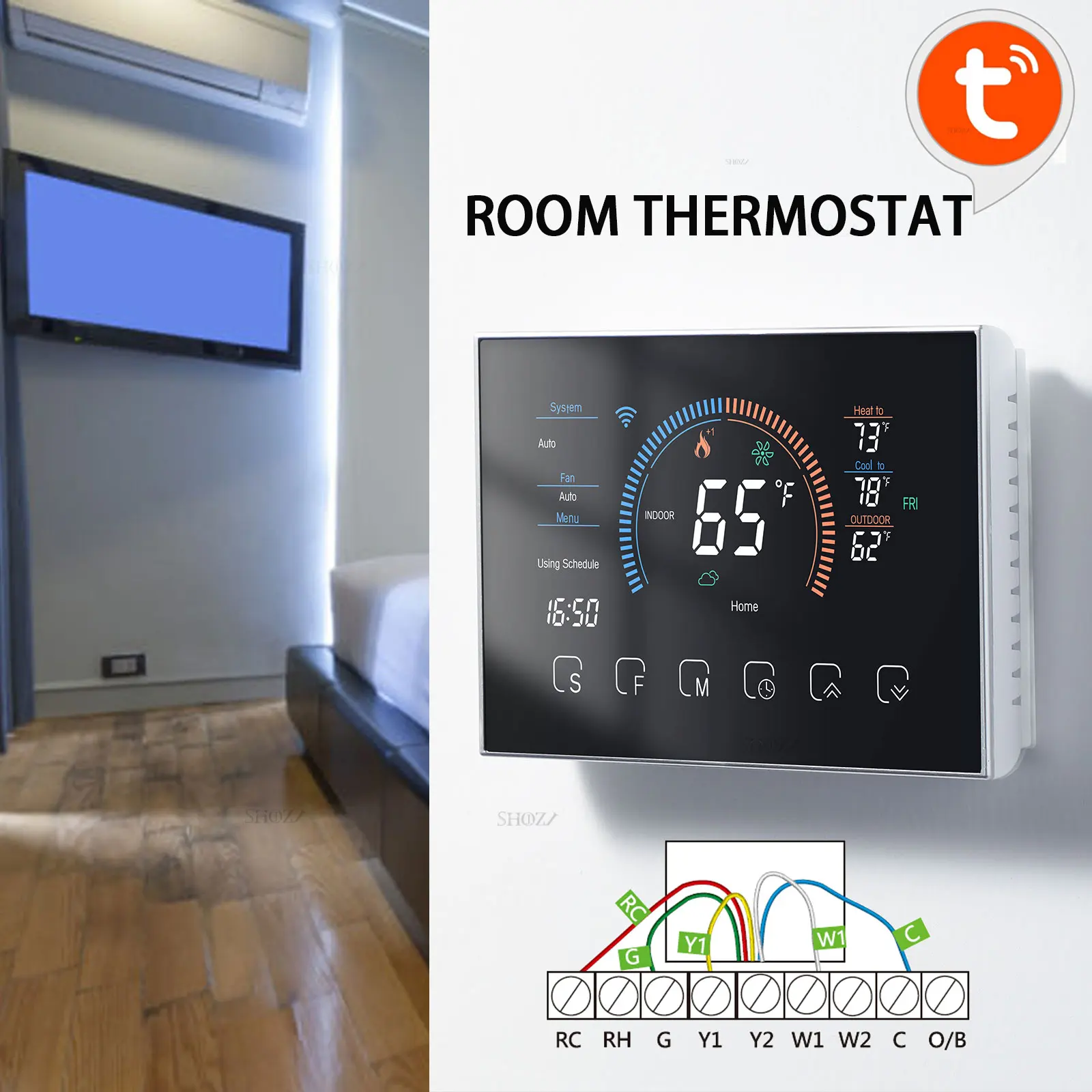 Tuya 24VAC/DC C/Fahrenheit Celsius Digital Thermostat Temperature Controlle for Most HVAC Systems Compatible with Google