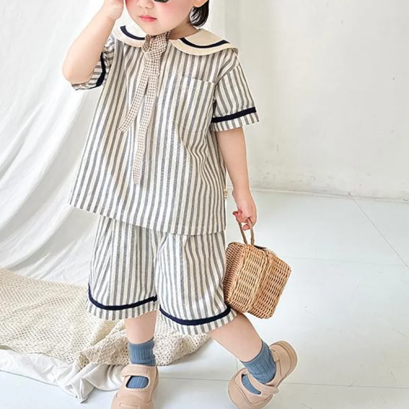 

Summer New Boys Fashion Casual Korean Loose Short Sleeve Contrast Color Striped Sailor Collar Spliced Pockets Elastic Shorts Set