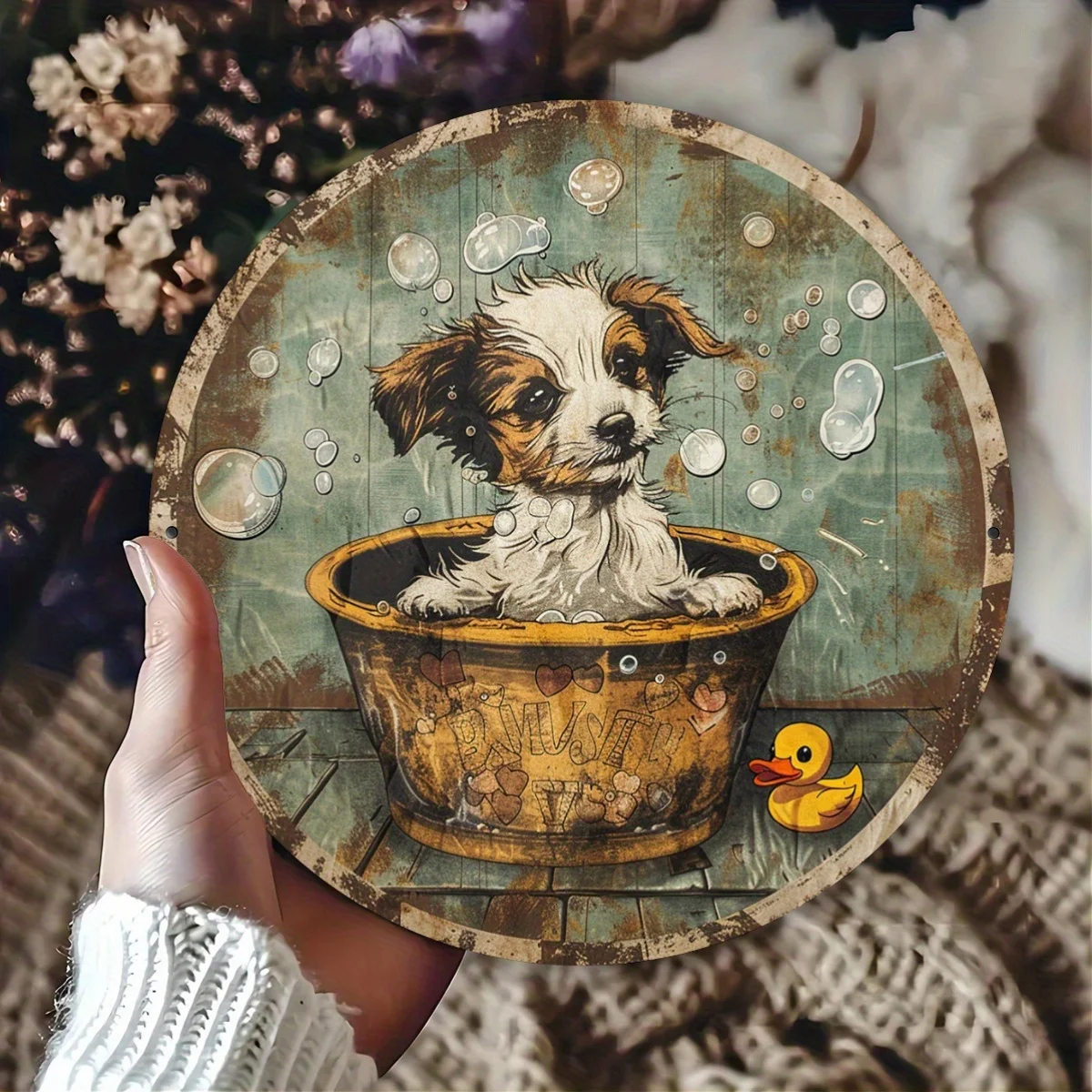 A Round Vintage Metal Sign Featuring a Bathing Dog, a Fun Wall Art Decoration, Perfect for Homes, Cafes, Restaurants, Garages, A