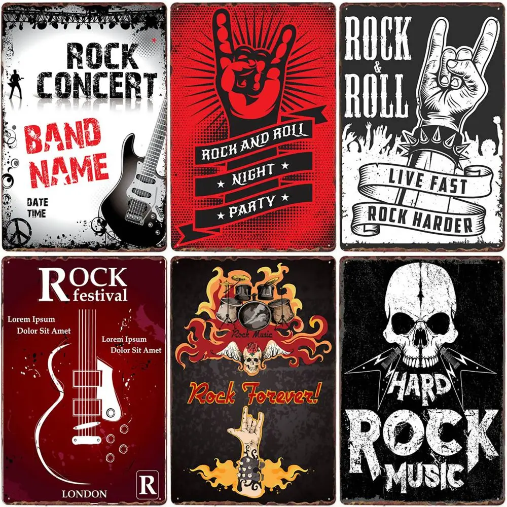 لافتة قصدير عتيقة لموسيقى الروك، ملصق فني معدني من Rock Roll، نجم هارد روك، لوحة ريترو للبار، النادي، المقهى، الحانة، جدار المنزل ديسمبر