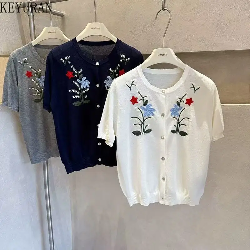 

Korean Retro Floral Embroidery Thin Knitted Cardigan Women 2025 Summer O-Neck Short Sleeve Sweater Knitwear Tops Ladies Jumper