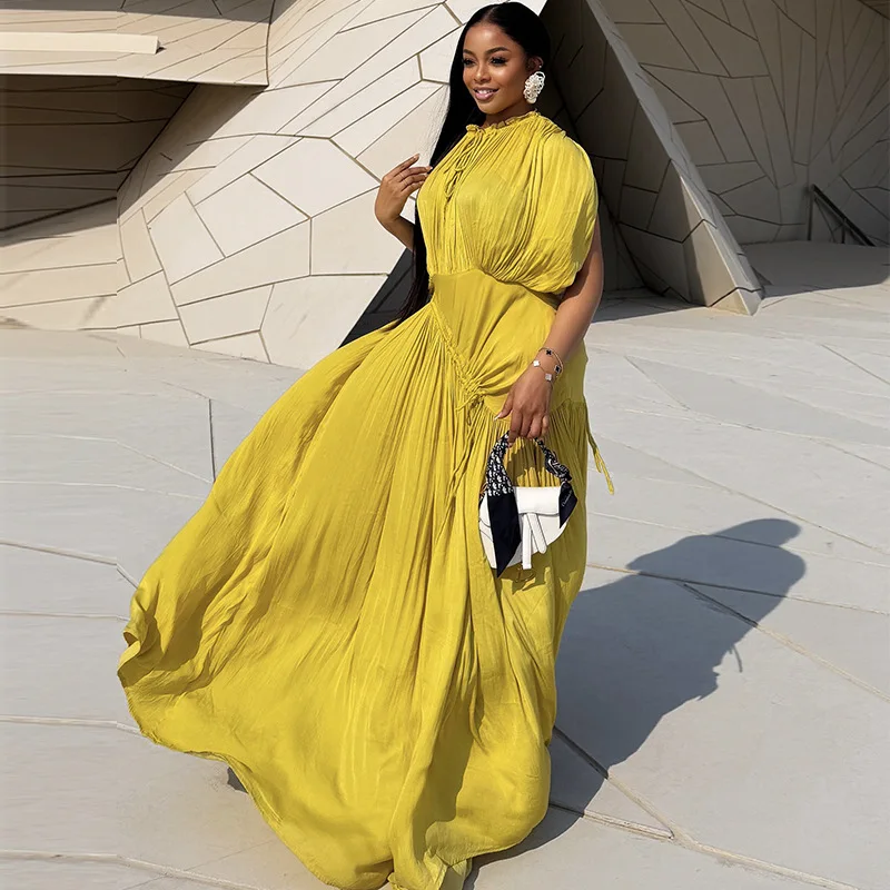 

Africa Clothing Loose Pleated Swing Dress Women Solid Color Short Sleeve Draped Maxi Dresses Summer Autumn Cocktail Party Robes