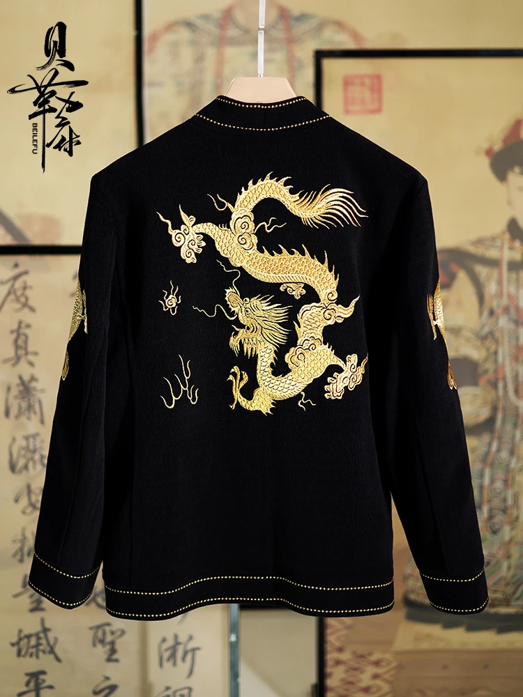 Chinese Style Embroidery Golden Dragon Dress Jacket Men Silm Fit Prtformance Party Banquet Outwear