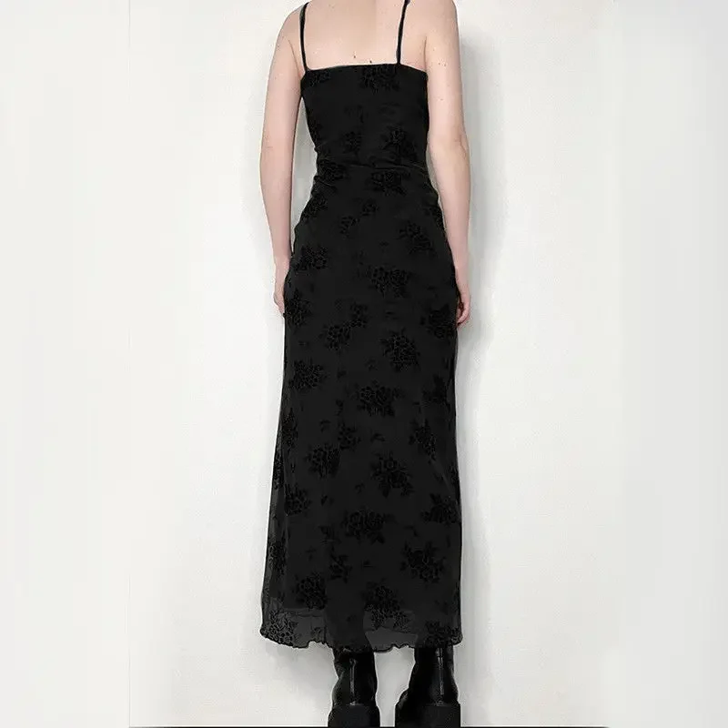 GELITAYIN Gothic Black Summer Dress Women Streetwear Lolita Floral Print Sleeveless Mesh Patchwork Sexy Dress Party Club Elegant