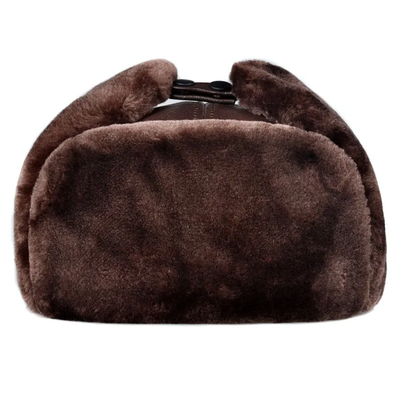 Genuine Leather Men's Winter Trapper Hat,Top Grain Cowhide Thick Fleece Earflap Ushanka Hat Cold Resistant Soft Warm Leather Hat