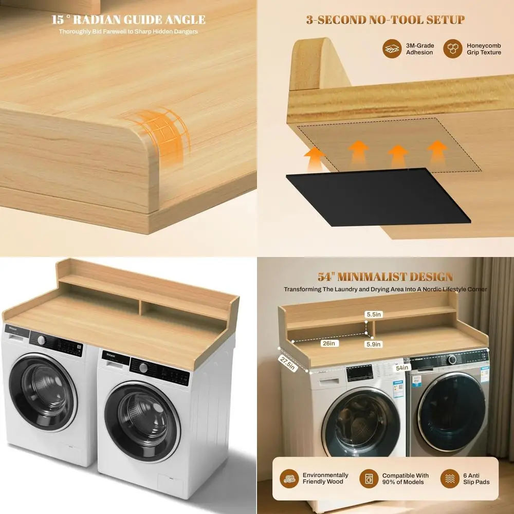 

Двухуровневая столешница для стиральной машины шириной Oak 54 с деревянной полкой для хранения и складывания в прачечной