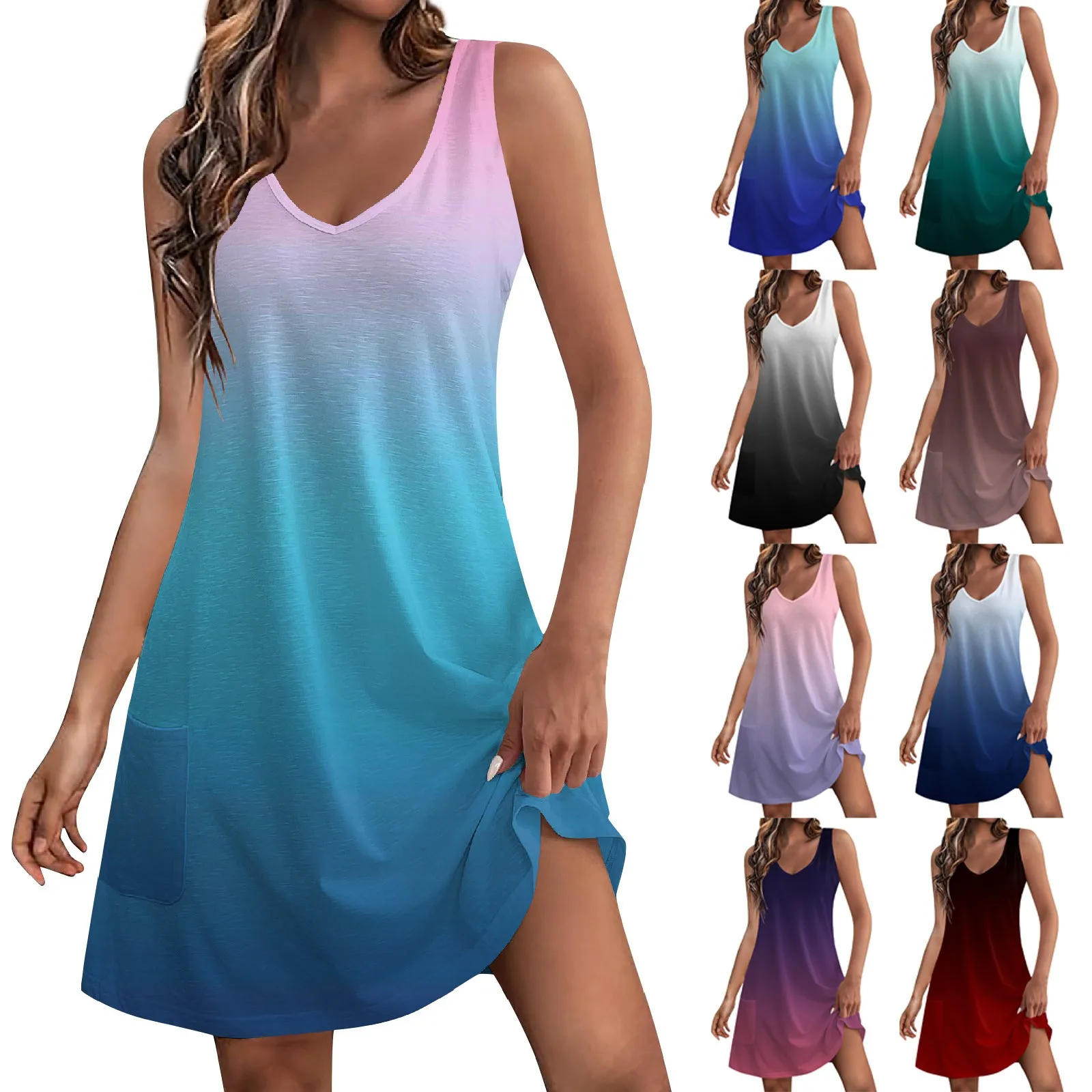 Women's Casual Sundress With Pockets Summer Gradient Boho Beach Dress For Women T-shirts Dress V Neck Loose Tank Dresses