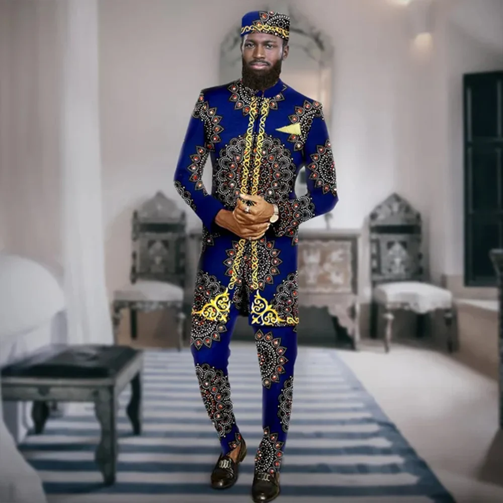 

2025 Luxury Men's Suit Blazer and Pants Set of Clothing High Quality Ankara Festive Long Sleeves African Ethnic Style（S-6XL)