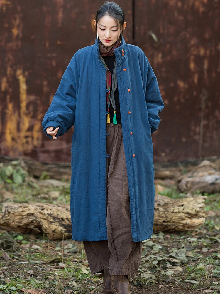 

Women Cotton Linen Casual Parkas New Arrival 2025 Winter Chinese Style Vintage Solid Color Female Thick Warm Long Coats M2082