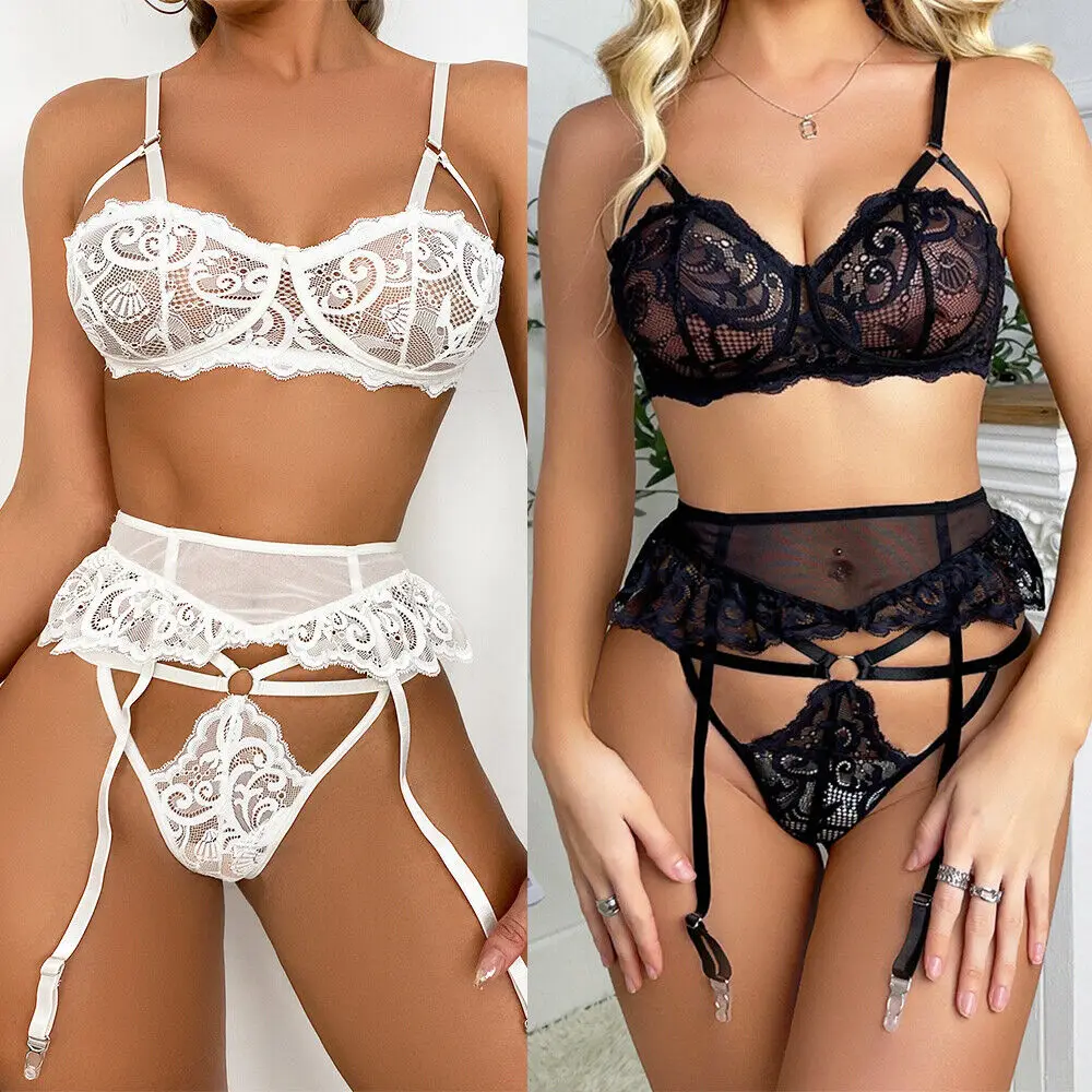 

Women's Sexy Lingerie Set V-Neck Lace Mesh Babydoll Bra Panty Set Teddy Sleepwear Nightwear Garter Belt Set