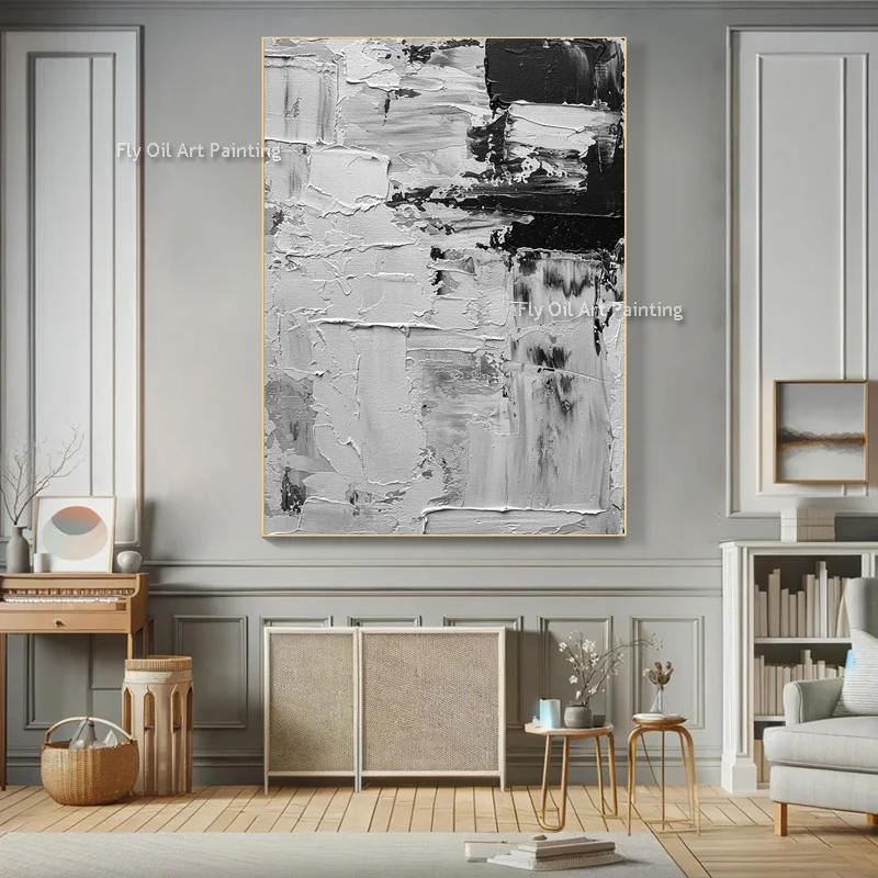 Thick Layered Monochrome Wall Art, Hand‑Crafted Textured Oil Canvas, Grayscale Neutral Contemporary Living Room Statement Piece