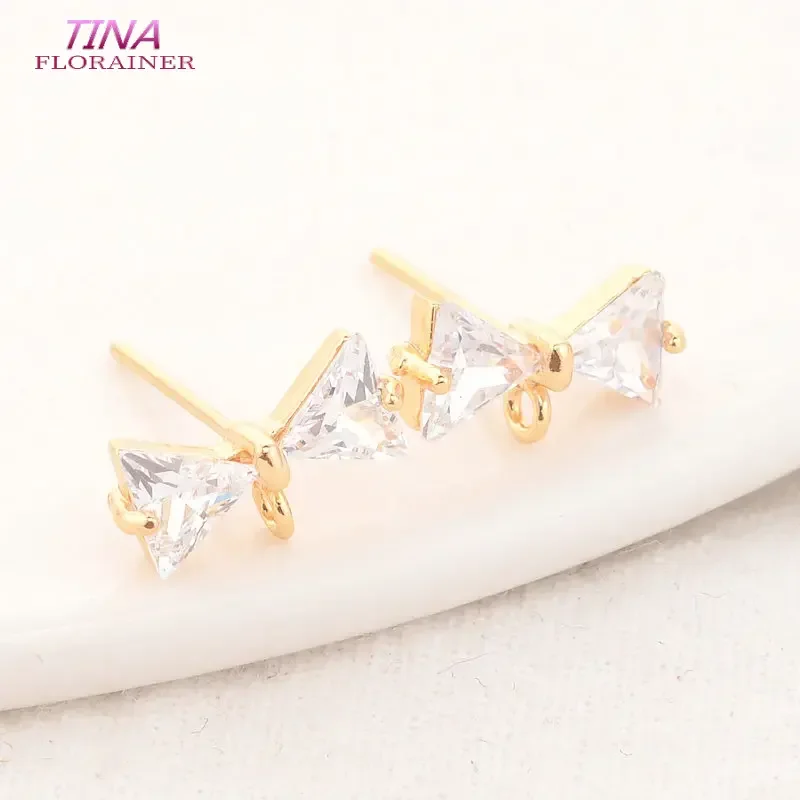 7*12MM 14K Gold Color Plated Brass with  Zircon Bowknot Stud Earrings Pins High Quality Diy Jewelry Findings Accessories