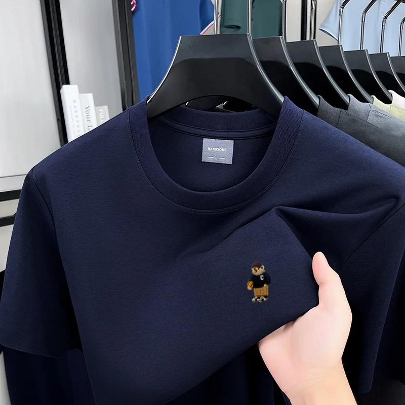 Luxury brand short sleeve round neck T-shirt new cartoon bear embroidery summer top trend breathable ice silk cotton men's wear