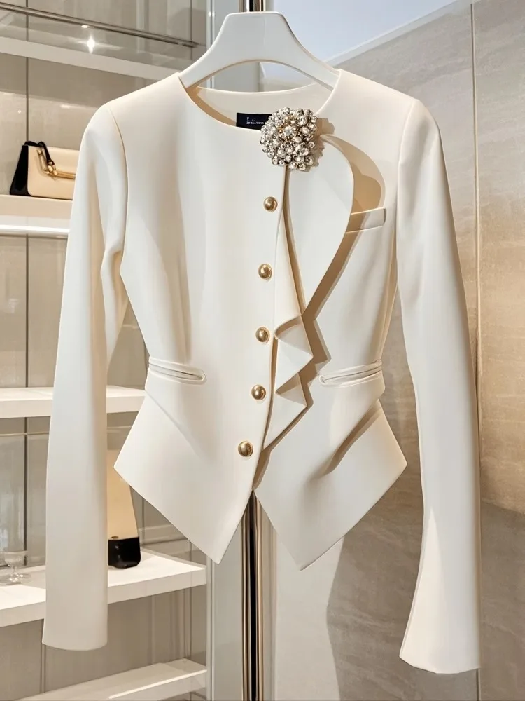 [oein]Xiaoxiangfeng White Slim Fit Jacket, Unique Temperament, Socialite Top, Autumn