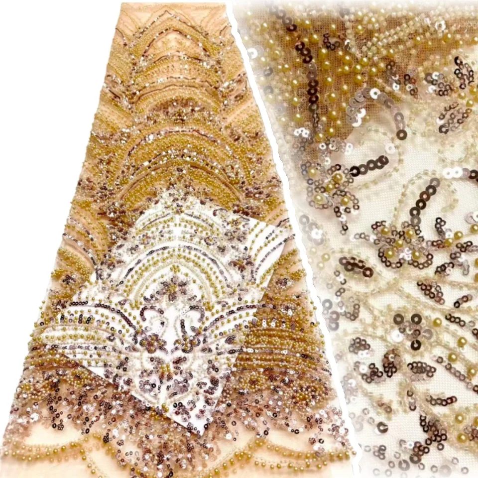 

Champagne Color French Tulle Sequins Lace Fabric Embroidery African Luxury Beaded African Mesh Lace for Women Party Dress 2012