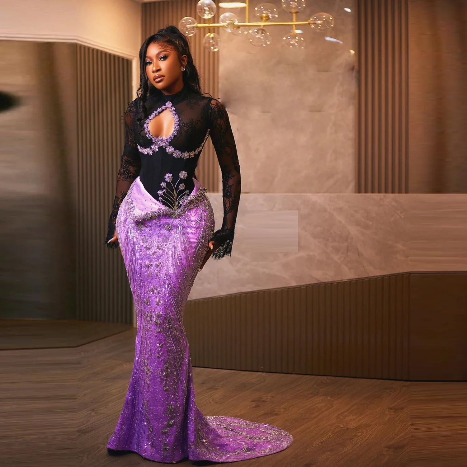 패셔너블한 꽃무늬 비즈 장식 이브닝 드레스 긴 소매 섹시한 머메이드 이브닝 드레스 레이스 포멀 가운