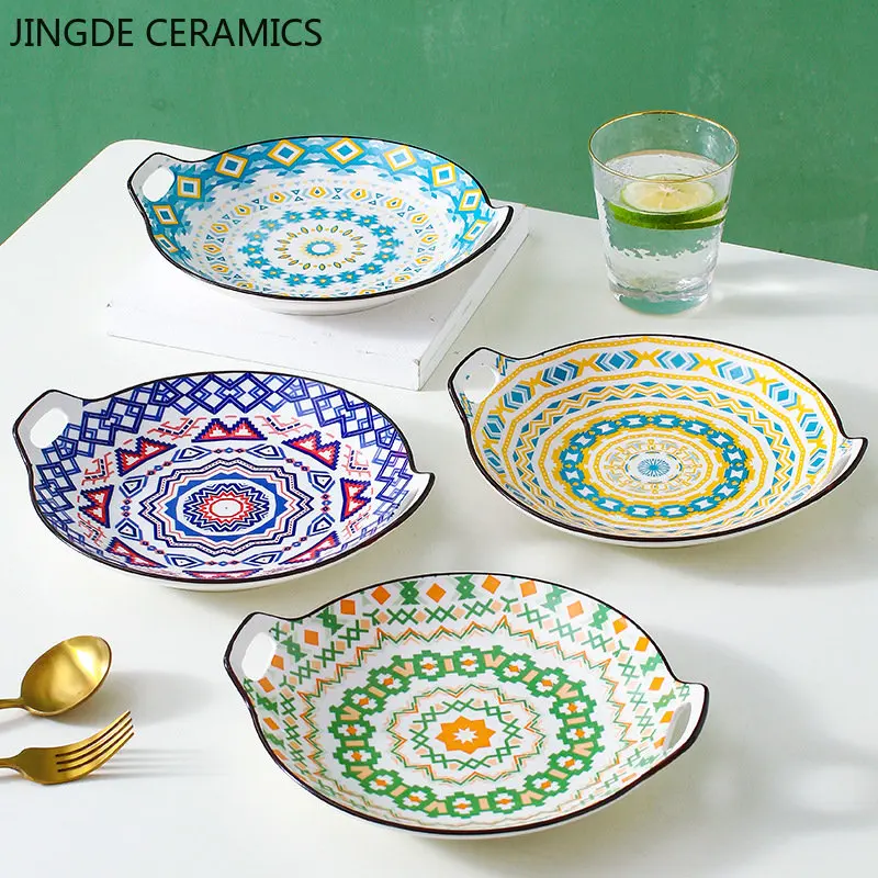 

1pc Creative Ceramic Plate Household Baking Dish with Two Ears Salad Plate Underglaze Colour Dinner Plates Kitchen Accessories