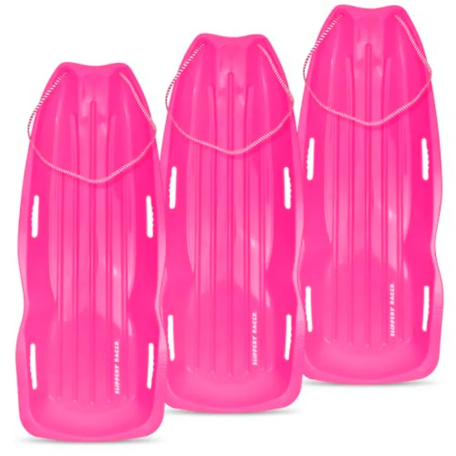 

Flexible Adults and Kids Plastic Toboggan Snow Sled for up to 2 Riders with Pull Rope and Handles. (Pink, 3 Pack)