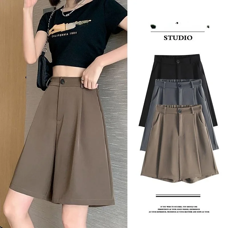 

Summer White Bla Suit orts for Women High Waist Wide Leg Cleanfit Sle Casual Pants PVC Material Mid-aged Women Suitable