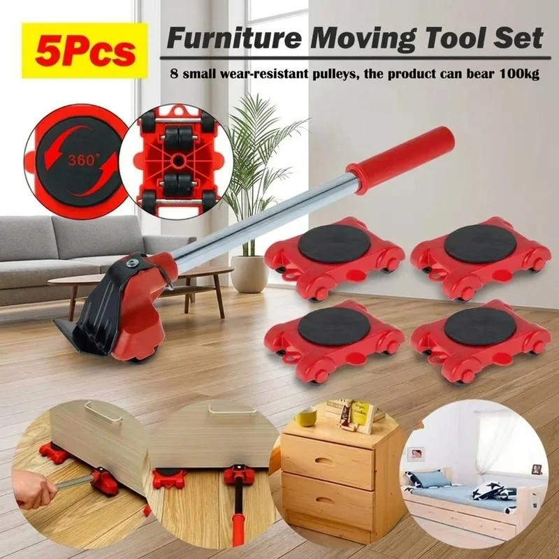 5PCS Furniture Lifter Mover Transport Kit Heavy Load Roller Wheels Sliding Tool for Home Moving Furniture Organizer