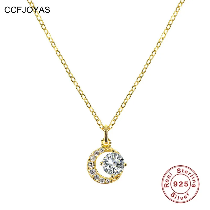 

CCFJOYAS 925 Sterling Silver Plated 14K Gold Crescent Pendant Necklace for Women Crystal Zircon Moon Clavicle Chain Jewelry Gift