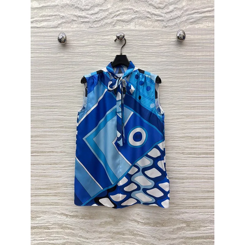 Summer Fashion Outdoors Geometric Pattern Print Loose Casual Blouses Women's Bow Tie Sleeveless Straight Barrel Pullover Shirt