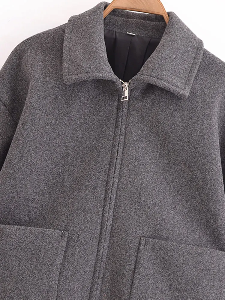 TRAF Autumn Winter Elegant Women Loose Jacket Long Sleeve Zipper Oversize Coat Female Bomber Jacket Outerwear