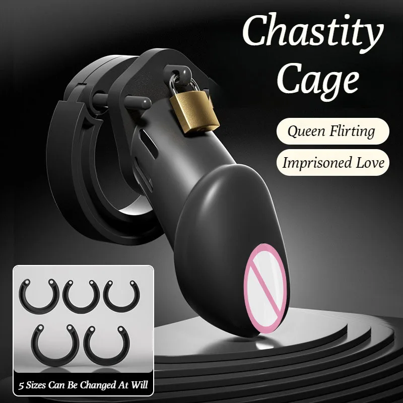 ذكر قفص القضيب جهاز العفة الكبار لعبة الجنس القضيب ممارسة تنفس سيليكون العفة قفص مع 4 حلقة للرجال قفص القضيب #5