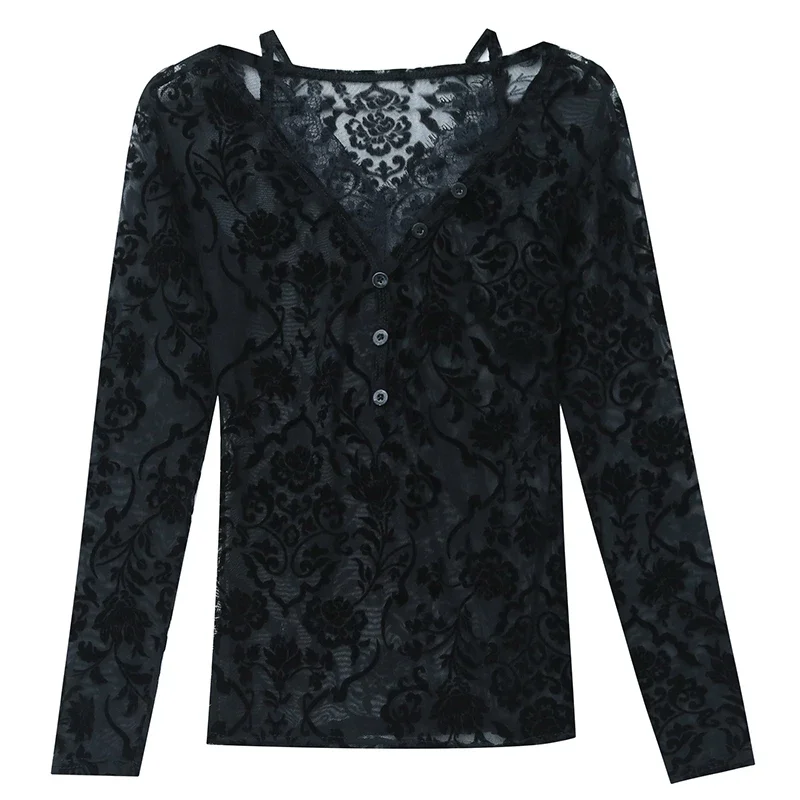 Oversized Hollow Out Lace Blouses Women 2024 Fashion Long Sleeve Sexy Ladies Tops Transparent Casual Black V Neck Blusas Mujer — zdjęcie 2