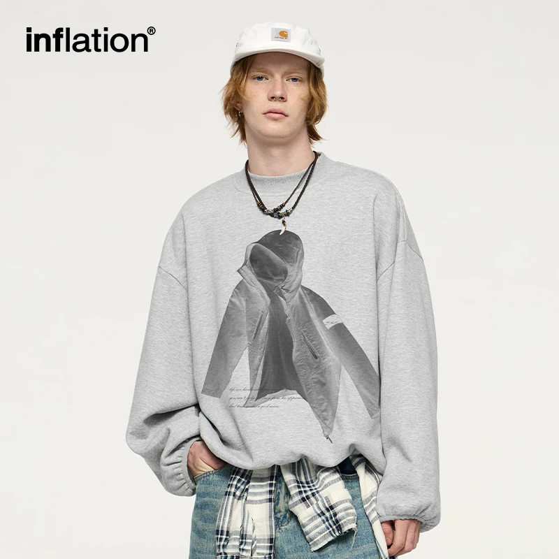 INFLATION Men's X-ray Printed Crewneck Sweatshirt Trendy Loose Casual Flame Integrated Fleece Warm Top