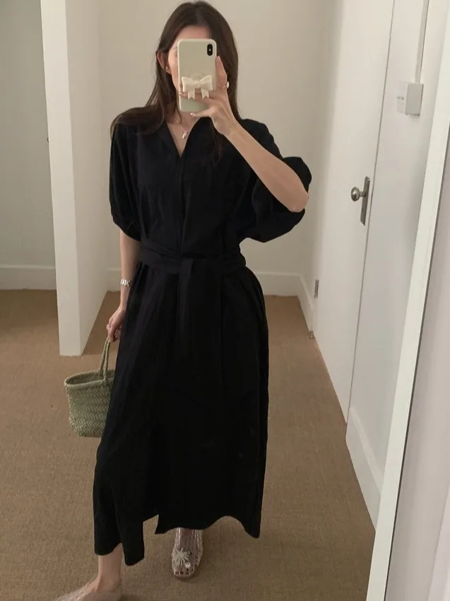 

Корейский Sle Lazy Sle ort Sve Waist Cinching Dr, женское летнее новое маленькое длинное платье с завязкой на талии, чистый цвет