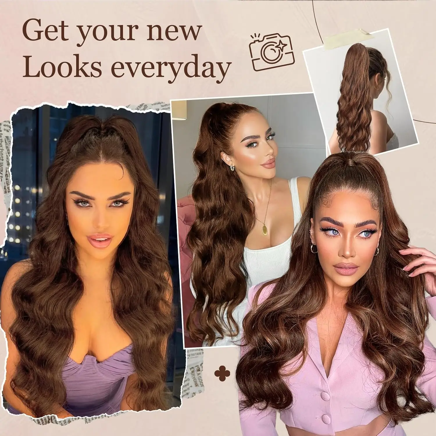 # 4 Body WAVE Drawstring หางม้า 100% Human Hair Extensions สีน้ําตาลปานกลางห่อรอบ Drawstring หางม้าคลิปในส่วนขยายของผม