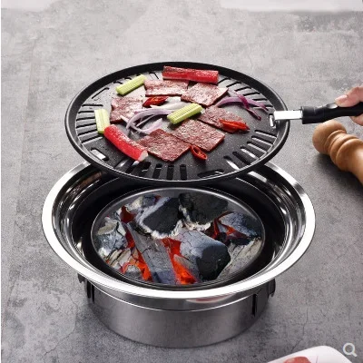 Stainless steel Korean charcoal barbecue Home and business Round outdoor camping and gathering portable smokeless barbecue