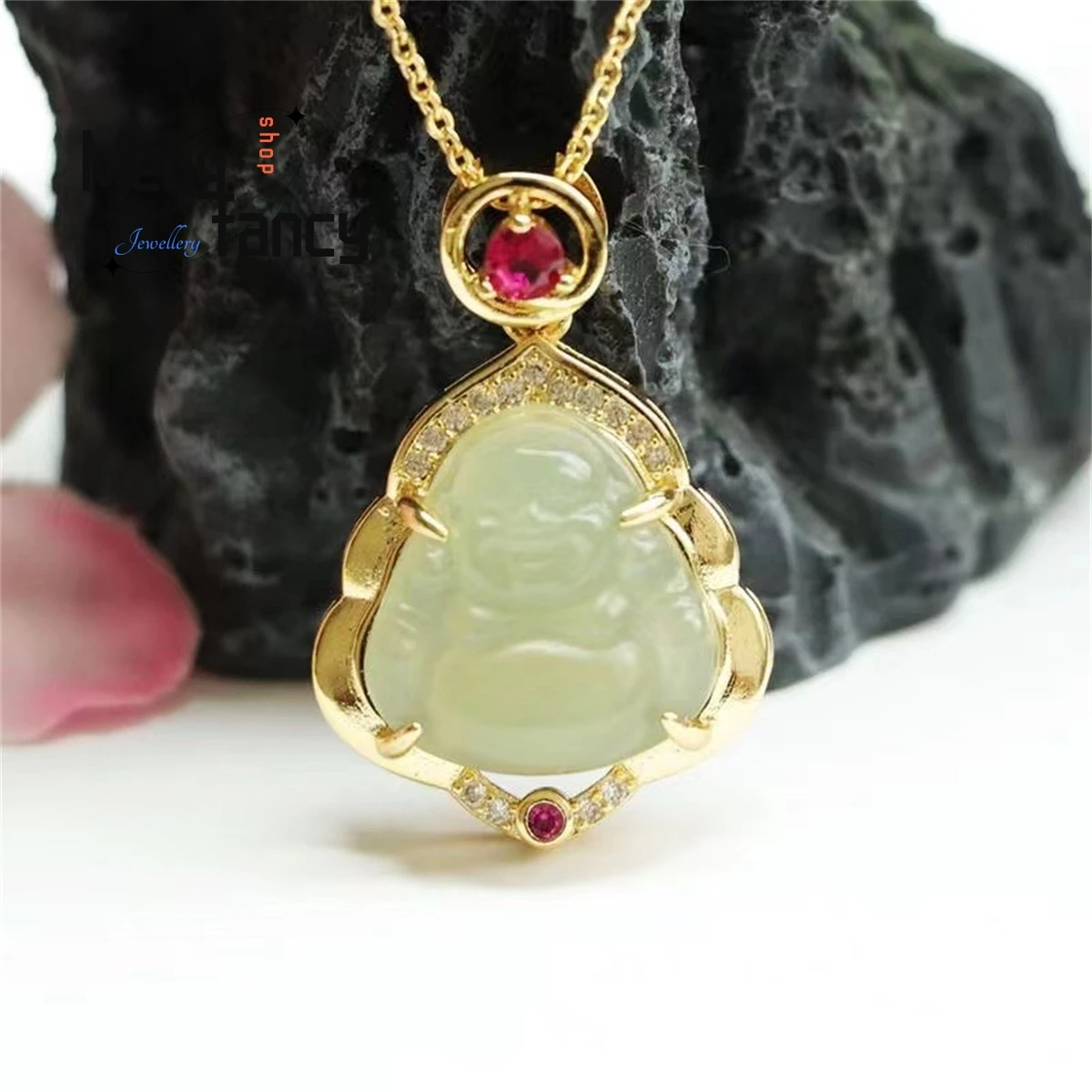 Natural Authentic Hetian Jade Buddha Maitreya Big Red Treasure Chain Necklace Simple Generous Fashion Exquisite Luxury Jewelry