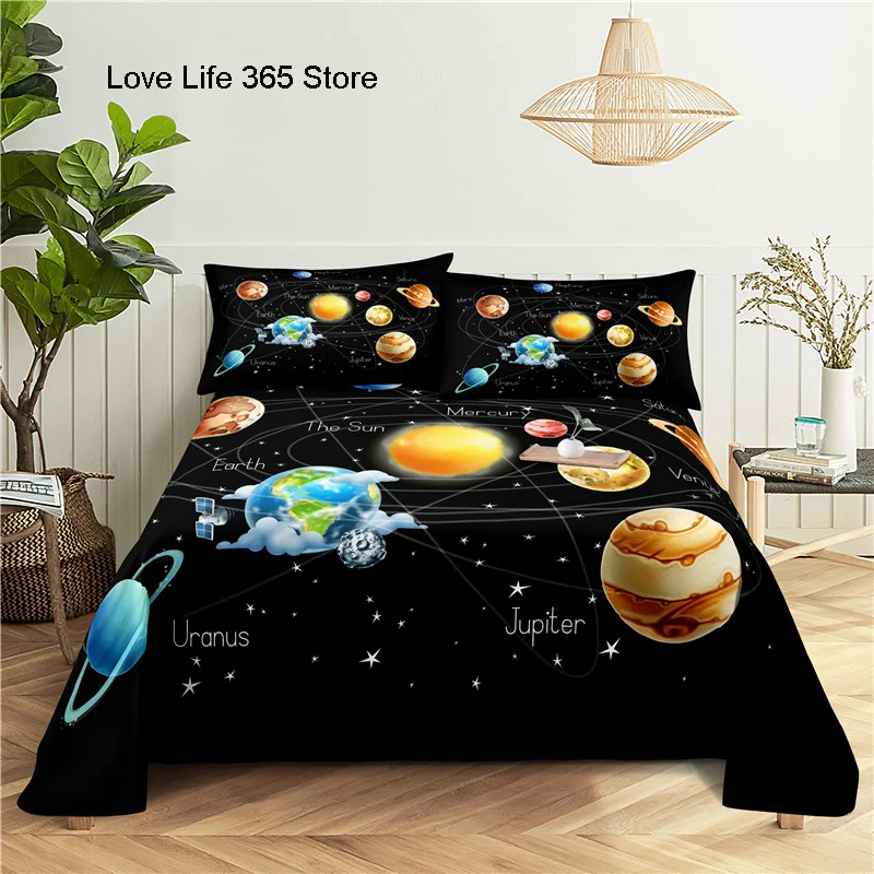 3D Cosmic Planets Bedding Sheet Galaxy Pattern Home Digital Printing Polyester Bed Flat Cover With Pillowcase Printed For Kids