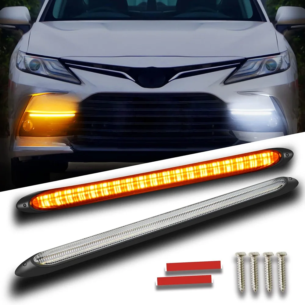 2Pcs Scan Start Car DRL LED Daytime Running Lights Universal Auto Decorative Lamps Yellow Streamer Flow Turn Signal Lights DRL