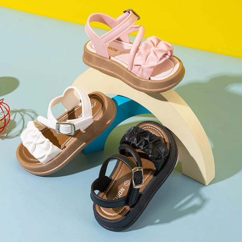 

Girls Cute Ruched Pleated Sandals, Comfortable Non-Slip Thick Sole, Breathable Summer Kids Shoes for Daily Wear