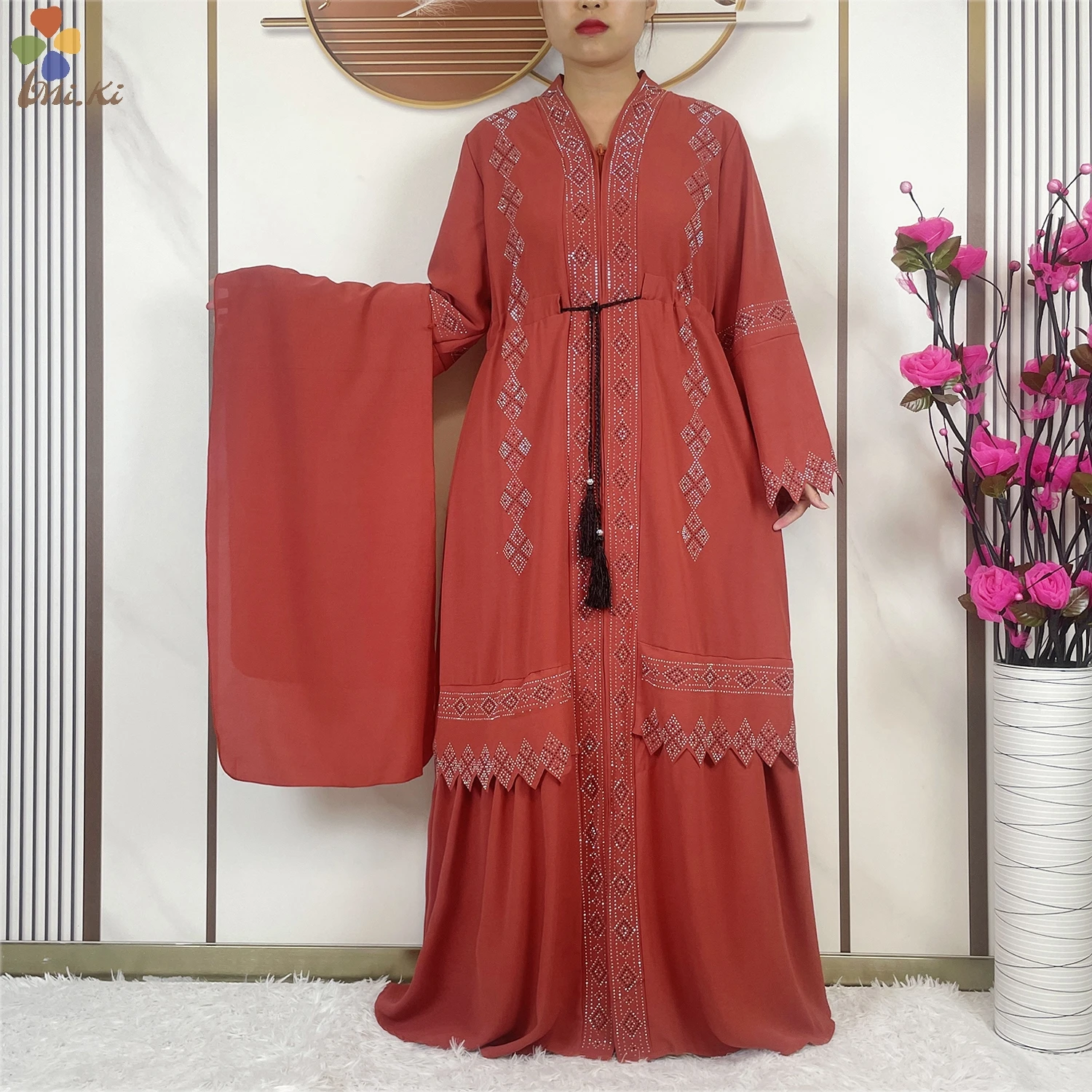 New Muslim Fashion Women Chiffon Hot Diamond Open Zipper Robe Dashiki African Abaya Women Robe Islamic Cardigan Robe Clothing