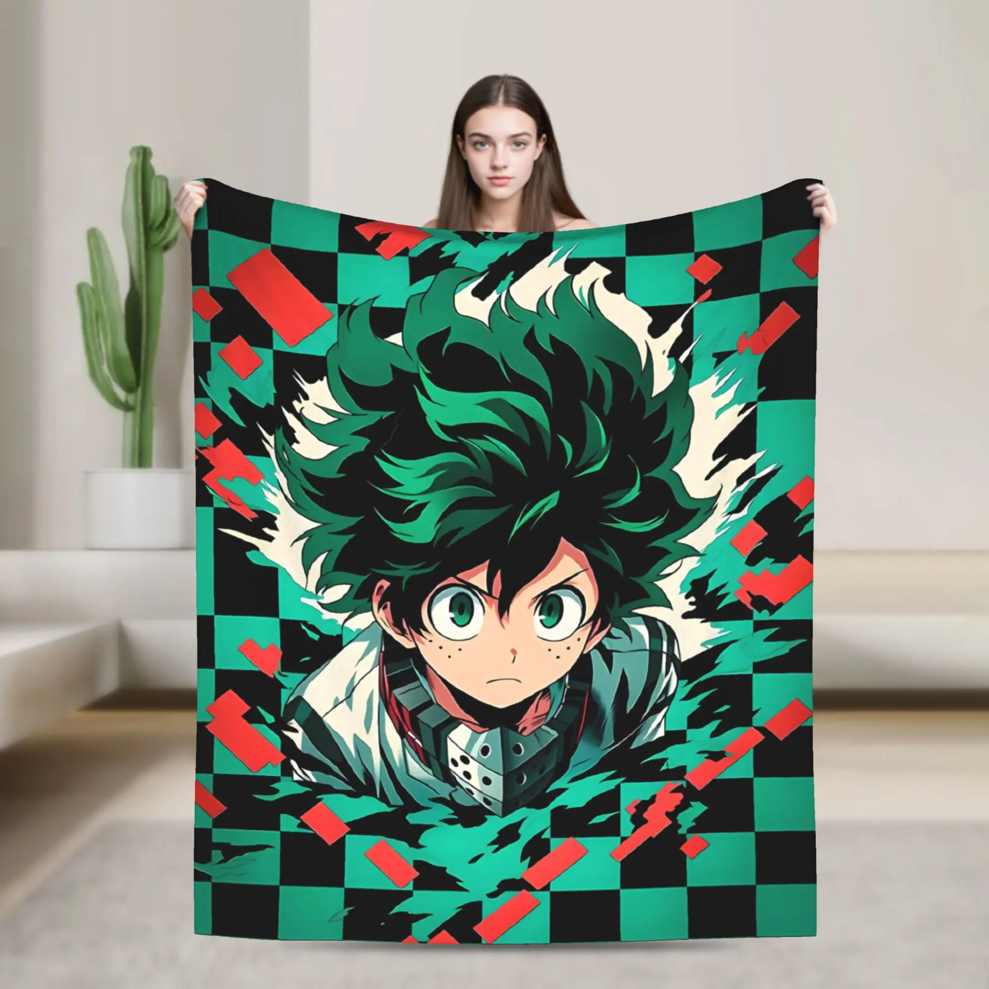 Midoriya Izuku Checker Anime Plush Blanket Girls Boys My Hero Academia Flannel Throw Blanket For Outdoor Soft Warm Bedspread