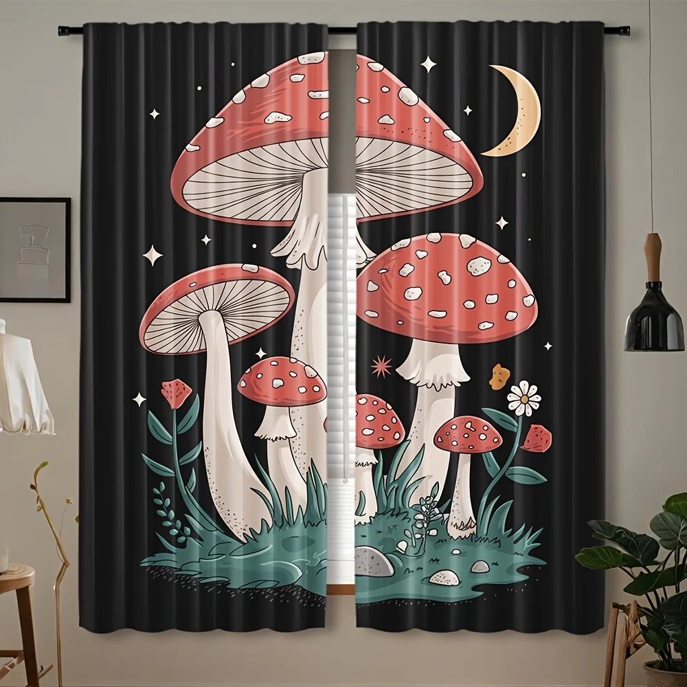 2pcs Whimsical Mushroom Print Curtains - Easy-Hang Rod Pocket Design, Semi-Transparent Polyester for Bedroom, Office, Kitchen &